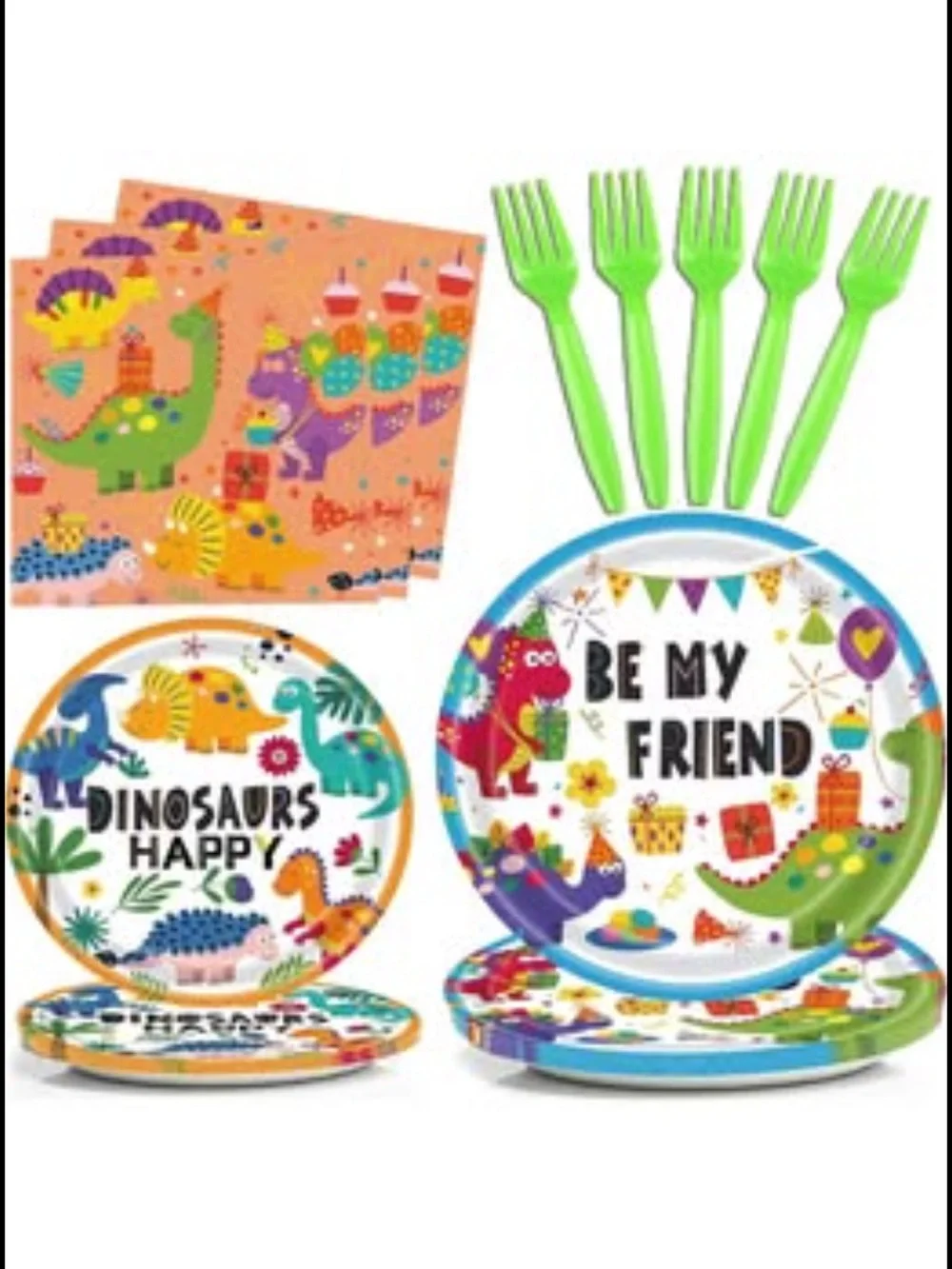Kids Dinosaur Party Tableware Set - Green Plates & Forks